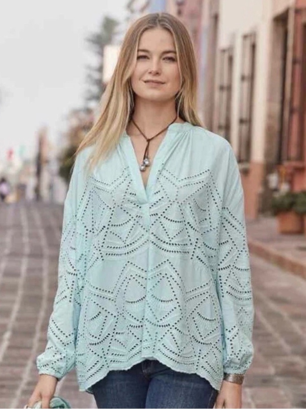 Sundance Voluminous Beauty Eyelet Peasant Top Mint Green Size S Boho Cottagecore